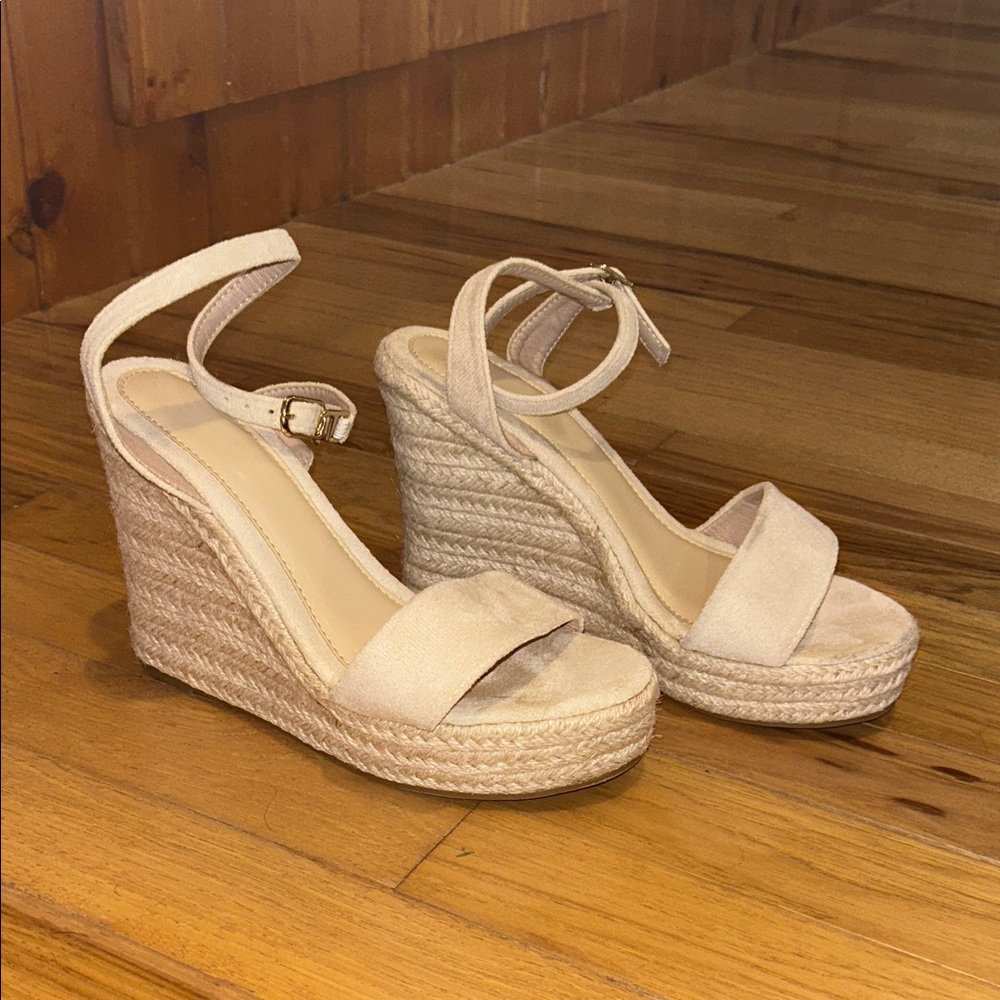 Women’s Beige Espadrille Wedge Sandals with Ankle Strap